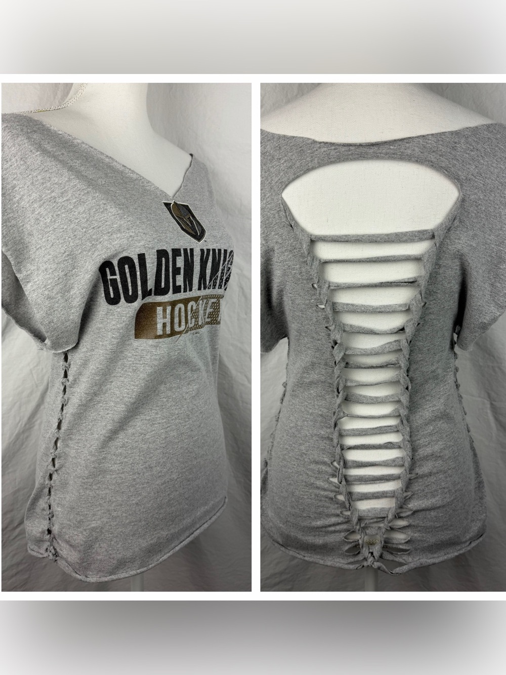 Las Vegas Golden Knights Hockey Upcycled Women's T-Shirt-S/M-V Neck-Gray-NHL